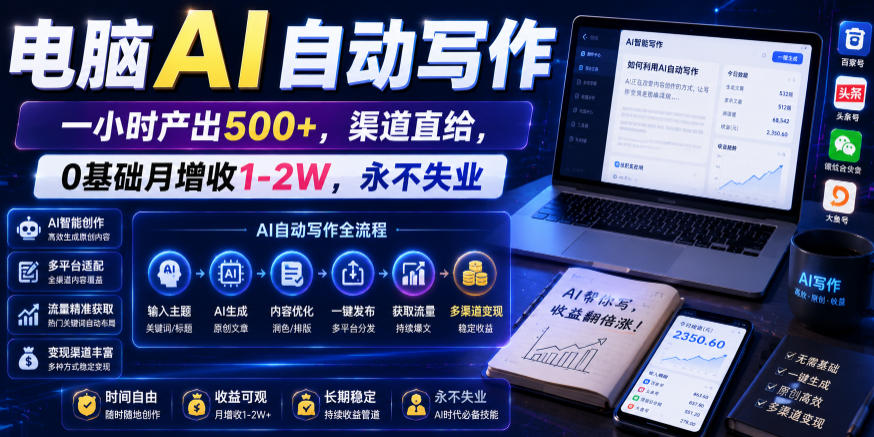 电脑AI自动写作,一小时产出500+,渠道直给,0基础月增收1-2W,永不失业【揭秘】-汇课新知资源网