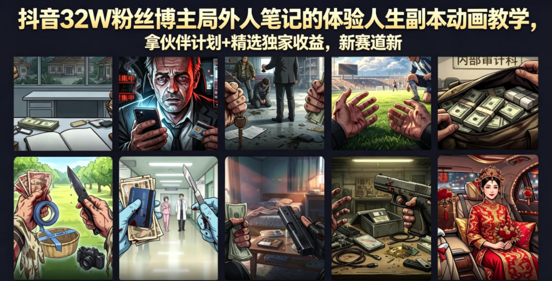 抖音32W粉丝博主局外人笔记的体验人生副本动画教学,拿伙伴计划+精选独家收益,新赛道新涨粉快【录制版】-汇课新知资源网