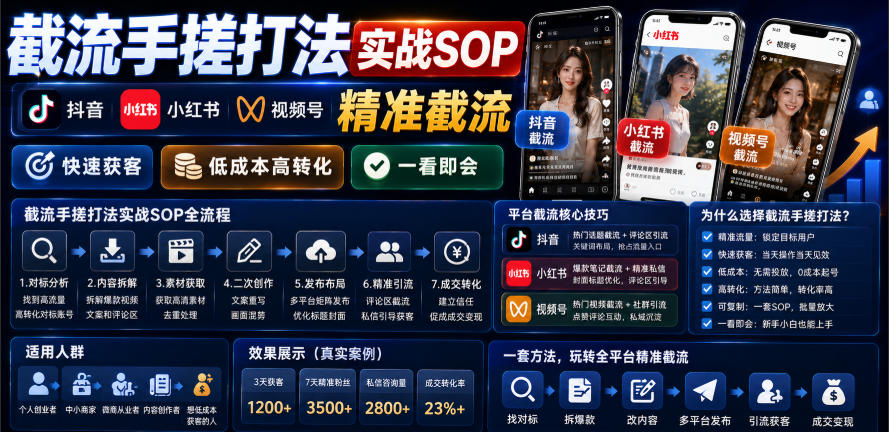 截流手搓打法实战SOP,抖音小红书视频号精准截流,快速获客,低成本高转化,一看即会-汇课新知资源网