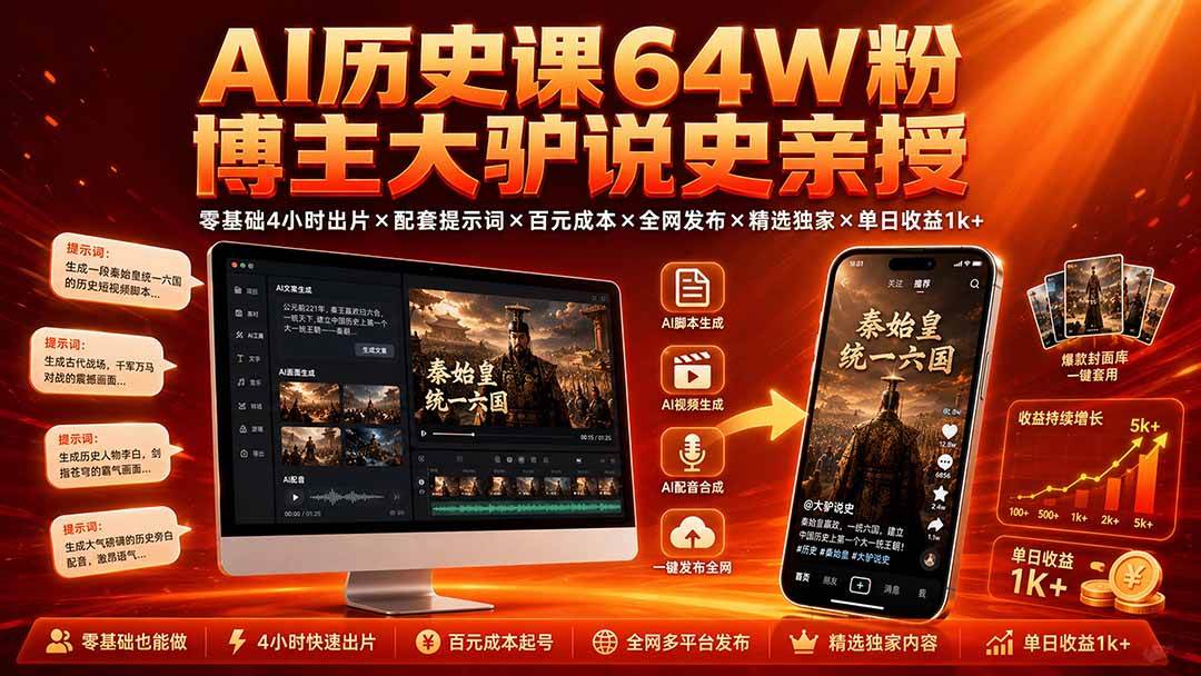 (19557期)AI历史课64W粉博主大驴说史亲授:零基础4小时出片×配套提示词×百元成本×全网发布×精选独家×单日收益1k+-汇课新知资源网