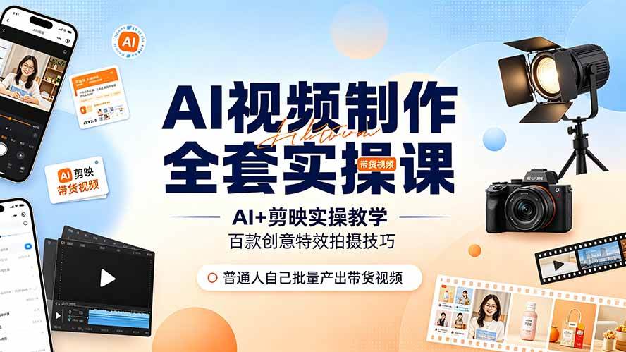 (19200期)AI视频制作全套实操课,多款AI工具搭配剪映教学,百种特效运镜拍摄实操,抖音账号带货运营全覆盖-汇课新知资源网