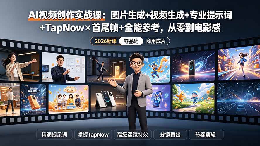 (19383期)AI视频创作实战课:图片生成+视频生成+专业提示词+TapNow×首尾帧+全能参考,从零到电影感成片-汇课新知资源网