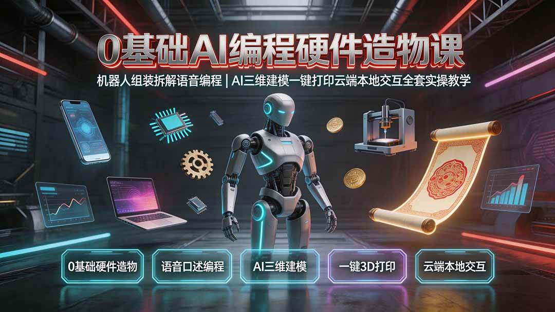 (19612期)0基础AI编程硬件造物课|机器人组装拆解语音编程,AI三维建模一键打印云端本地交互全套实操教学-汇课新知资源网