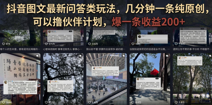 抖音图文最新问答类玩法,几分钟一条纯原创,可以撸伙伴计划,爆一条收益200+-汇课新知资源网