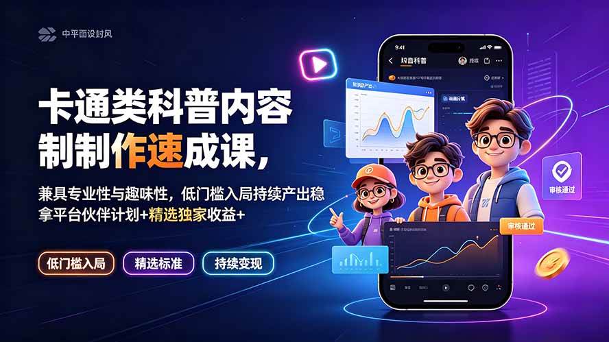 (19234期)卡通类科普内容制作速成课,兼具专业性与趣味性,低门槛入局持续产出稳拿平台伙伴计划+精选独家收益-汇课新知资源网