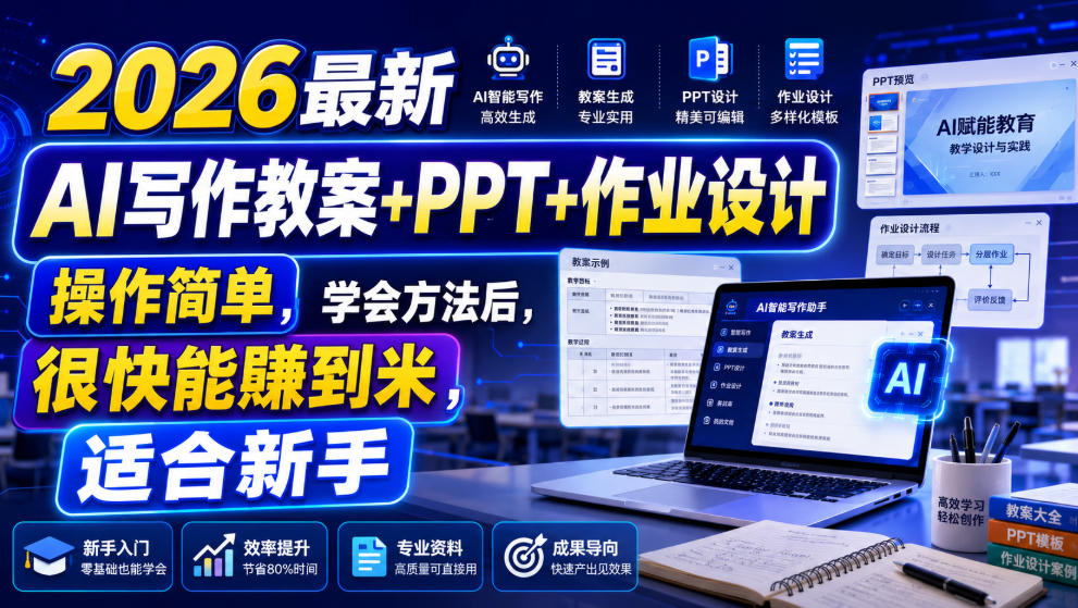 2026最新AI写作教案+PPT+作业设计，操作简单，学会方法后，很快能賺到米，适合新手-汇课新知资源网