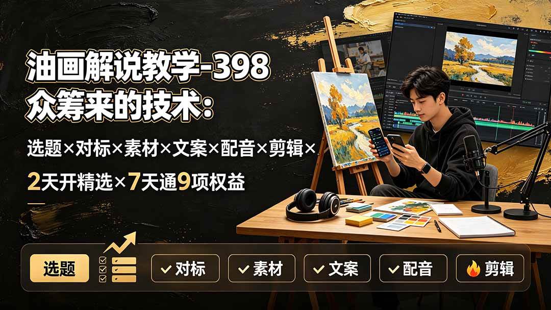 (19587期)油画解说教学-398众筹来的技术-刯新:选题×对标×素材×文案×配音×剪辑×2天开精选×7天通9项权益-汇课新知资源网