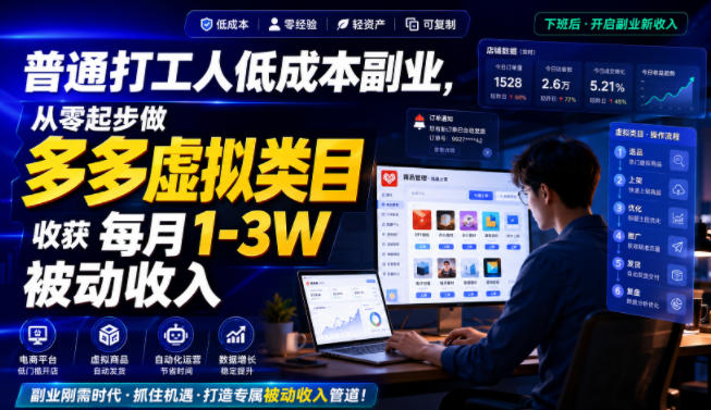普通打工人低成本副业,从零起步做多多虚拟类目,收获每月1-3W被动收入【揭秘】-汇课新知资源网