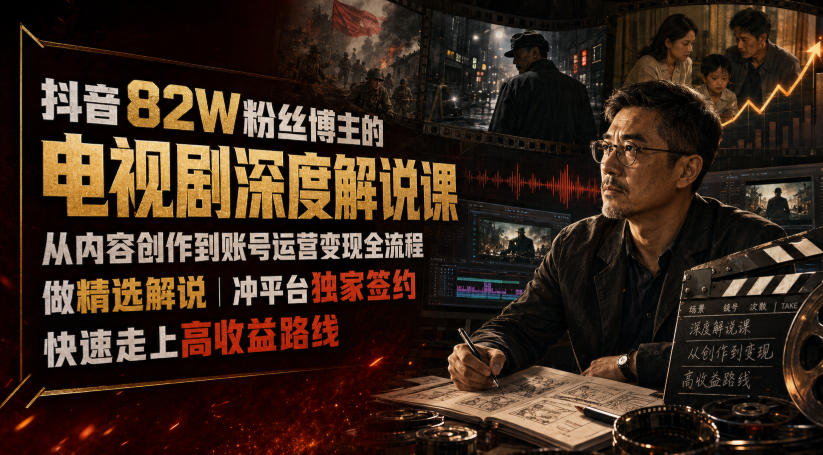 抖音82W粉丝博主的电视剧深度解说课，从内容创作到账号运营变现全流程，做精选解说，冲平台独家签约，快速走上高收益路线-汇课新知资源网