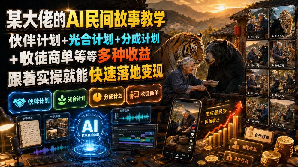 （19360期）某大佬的AI民间故事教学，伙伴计划+光合计划+分成计划+收徒商单等多种收益，跟着实操就能快速落地变现-汇课新知资源网