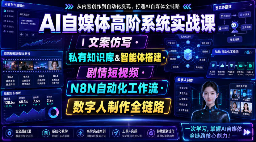 AI自媒体高阶系统实战课｜文案仿写・私有知识库&智能体搭建・剧情短视频・N8N自动化工作流・数字人制作全链路-汇课新知资源网