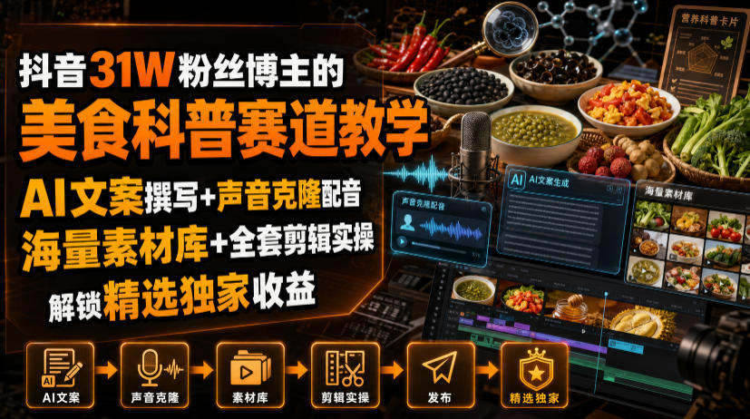 抖音31W粉丝博主的美食科普赛道教学,AI文案撰写+声音克隆配音+剪辑实操,解锁精选独家收益-汇课新知资源网