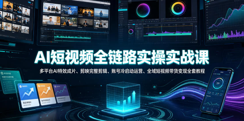 AI短视频全链路实操实战课|多平台AI特效成片、剪映完整剪辑、账号冷启动运营、全域短视频带货变现全套教程-汇课新知资源网