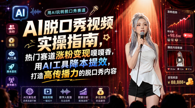 AI脱口秀视频实操指南，热门赛道涨粉变现嘎嘎香，用AI工具降本提效，打造高传播力的脱口秀内容-汇课新知资源网