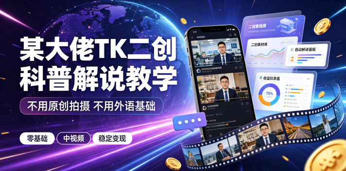 某大佬TK二创科普解说教学,不用原创拍摄不用外语基础,零基础做TikTok中视频稳定变现-汇课新知资源网