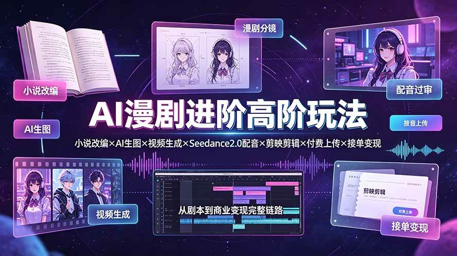 （19430期）AI漫剧进阶高阶玩法：小说改编×AI生图×视频生成×Seedance2.0配音×剪映剪辑×付费上传×接单变现-汇课新知资源网
