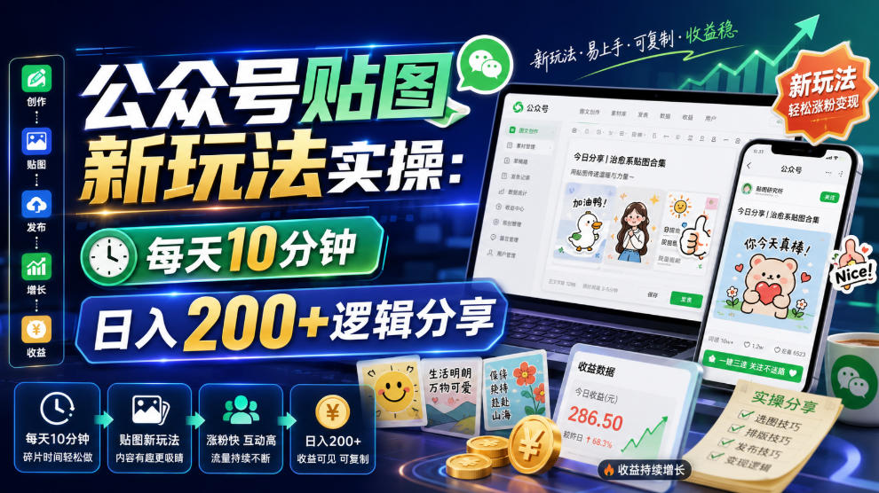 公众号贴图新玩法实操，每天10分钟，日入200+逻辑分享-汇课新知资源网
