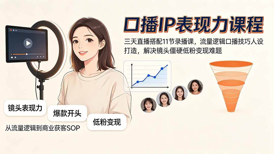 (19604期)口播IP表现力课程|三天直播搭配11节录播课,流量逻辑口播技巧人设打造,解决镜头僵硬低粉变现难题-汇课新知资源网