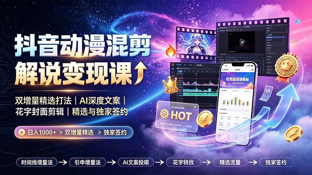 (19311期)抖音动漫混剪解说变现课:双增量精选打法|AI深度文案|花字封面剪辑| 精选与独家签约日入1000+-汇课新知资源网