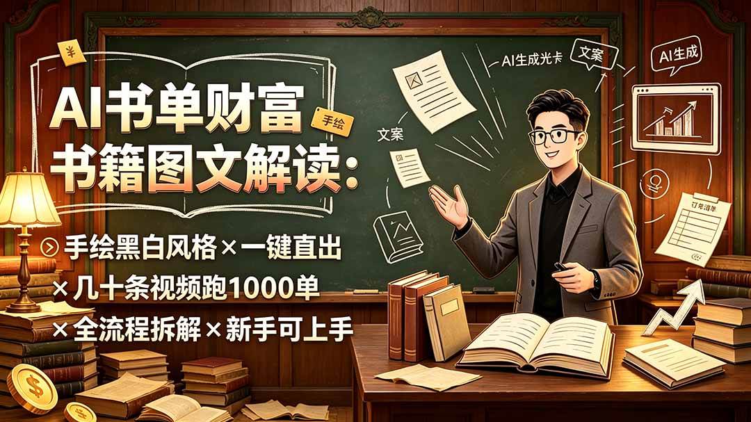 （19515期）AI书单财富书籍图文解读：手绘黑白风格×一键直出×几十条视频跑1000单×全流程拆解×新手可上手-汇课新知资源网
