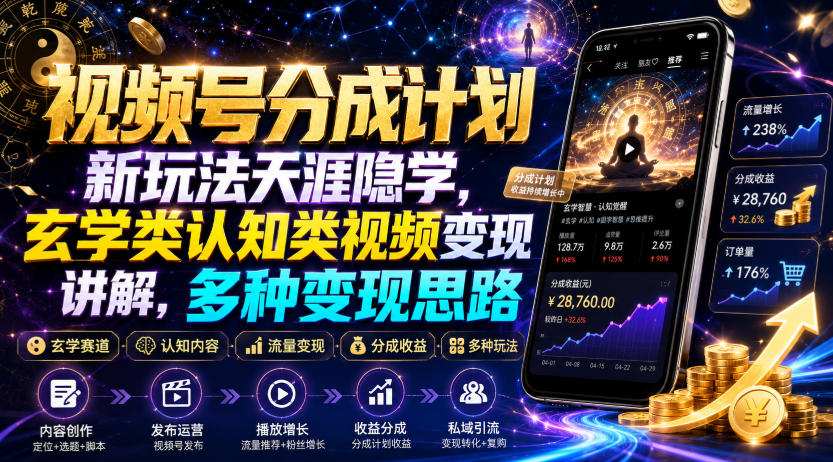 视频号分成计划新玩法天涯隐学，玄学类认知类视频变现讲解，多种变现思路-汇课新知资源网
