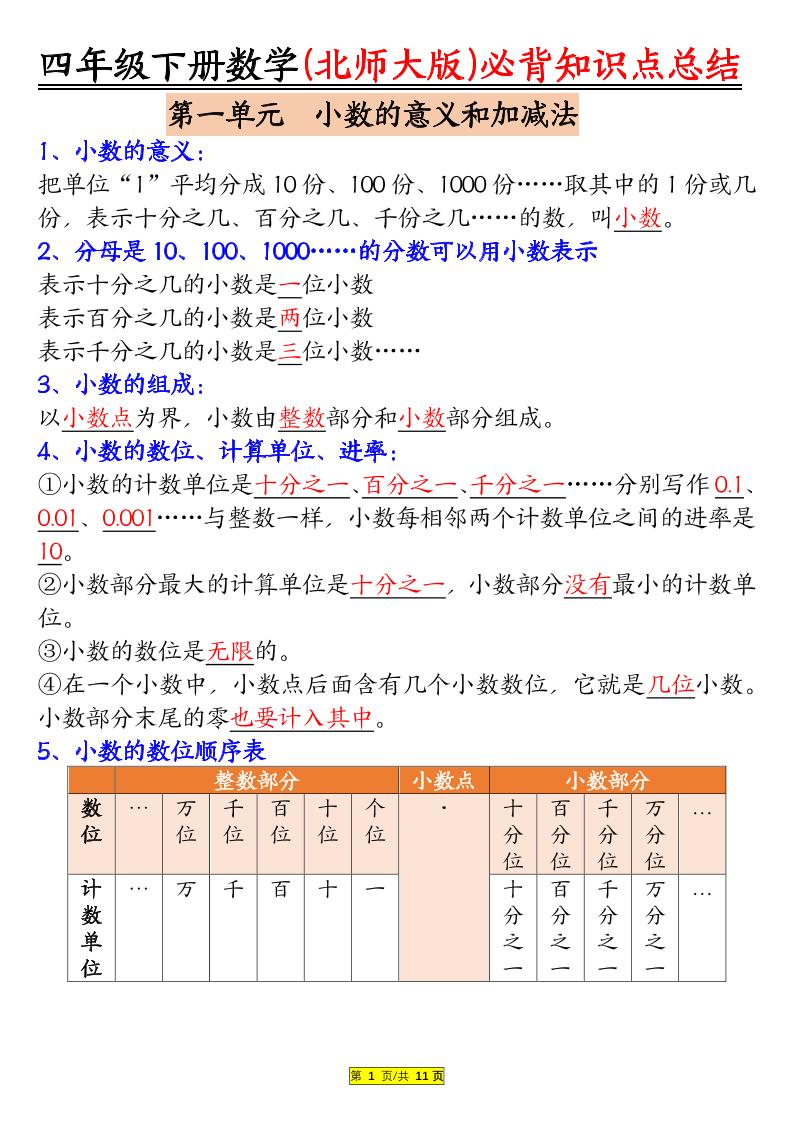 四年级下数学知识要点归纳《北师版》-汇课新知资源网