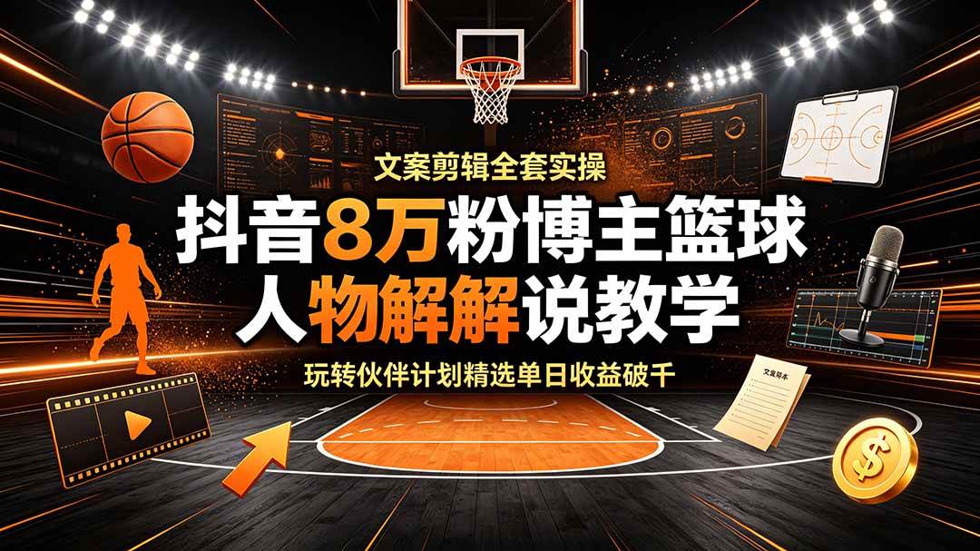 （19135期）抖音8万粉博主篮球人物解说教学，文案剪辑全套实操，玩转伙伴计划精选单日收益破千-汇课新知资源网