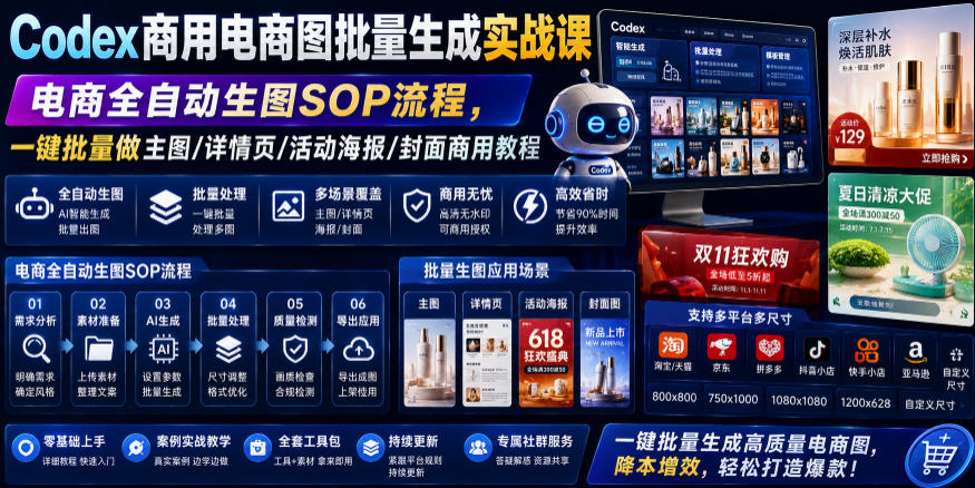 Codex商用电商图批量生成实战课|电商全自动生图SOP流程,一键批量做主图/详情页/活动海报/封面商用教程-汇课新知资源网