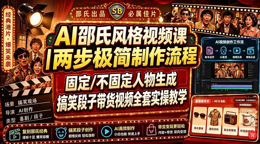 (19602期)AI邵氏风格视频课|两步极简制作流程,固定/不固定人物生成,搞笑段子带货视频全套实操教学-汇课新知资源网