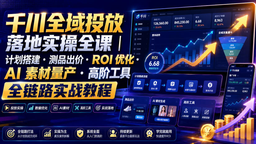 千川全域投放落地实操全课|计划搭建・测品出价・ROI优化・AI素材量产・高阶工具全链路实战教程-汇课新知资源网