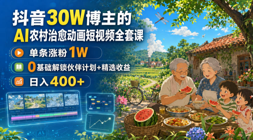 抖音30W博主的AI农村治愈动画短视频全套课｜单条涨粉1W，0基础解锁伙伴计划+精选收益，日入400+-汇课新知资源网