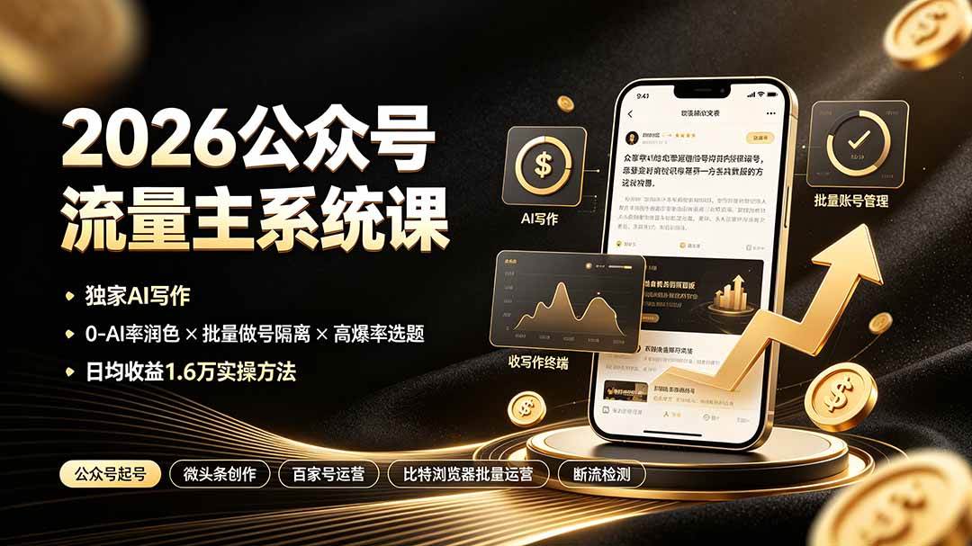 (19405期)2026公众号流量主系统课:独家AI写作×0-AI率润色×批量做号隔离×高爆率选题,日均收益1.6万实操方法-汇课新知资源网