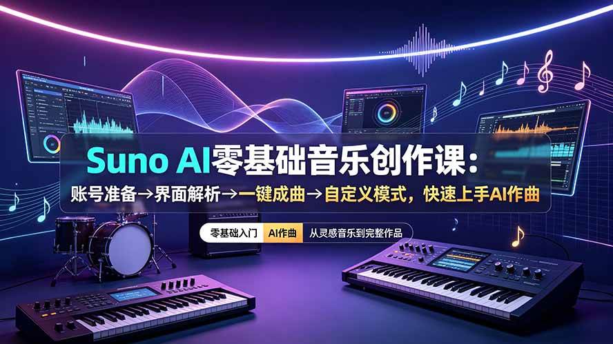（19264期）Suno AI零基础音乐创作课：账号准备→界面解析→一键成曲→自定义模式，快速上手AI作曲-汇课新知资源网
