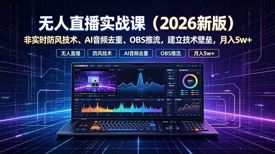 （19292期）无人直播实战课（更新7月），非实时防风技术、AI音频去重、OBS推流，建立技术壁垒，月入5w+-汇课新知资源网