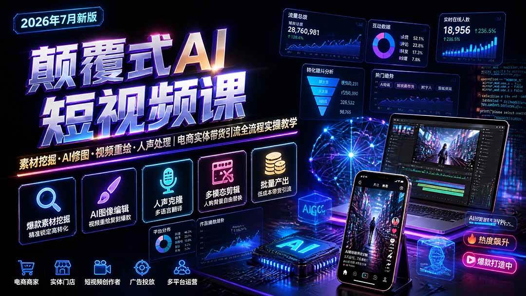 (19630期)颠覆式AI短视频课|素材挖掘,AI修图,视频重绘,人声处理|电商实体带货引流全流程实操教学-汇课新知资源网