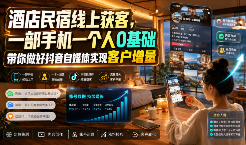 酒店民宿线上获客,一部手机一个人0基础带你做好抖音自媒体实现客户增量-汇课新知资源网