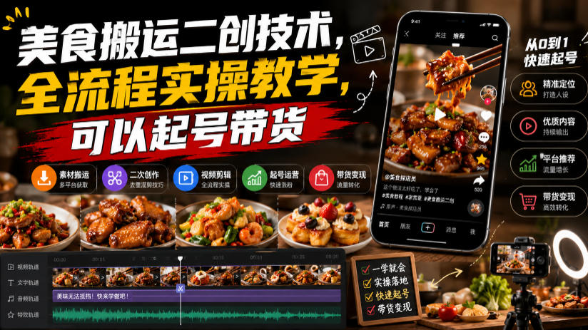 美食搬运二创技术，全流程实操教学，可以起号带货-汇课新知资源网