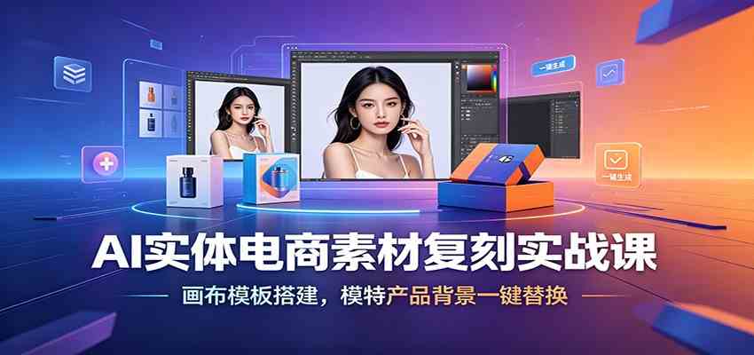 AI实体电商素材复刻实战课:画布模板搭建,模特产品背景一键替换-汇课新知资源网