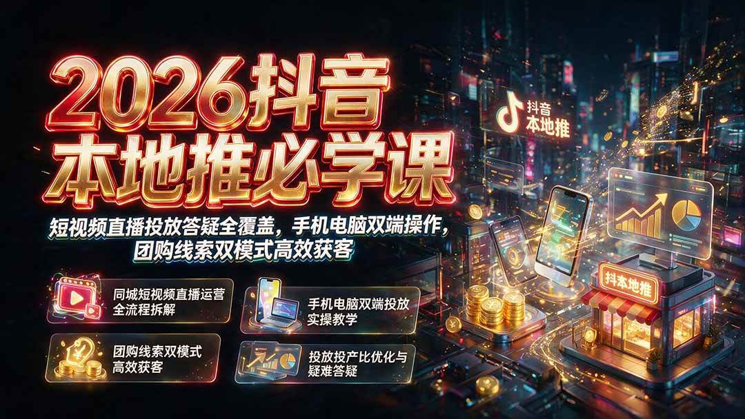 (19618期)2026抖音本地推必学课|短视频直播投放答疑全覆盖,手机电脑双端操作,团购线索双模式高效获客-汇课新知资源网