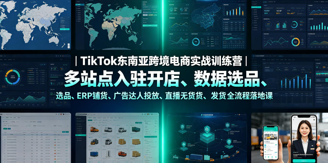 TikTok东南亚跨境电商实战训练营|多站点入驻开店、数据选品、ERP铺货、广告达人投放、直播无货源发货全流程落地课-汇课新知资源网
