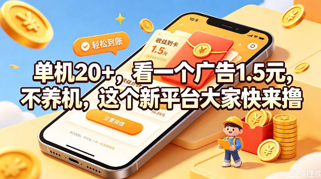 单机20+，看一个广告1.5米，不养机，这个新平台大家快来撸【揭秘】-汇课新知资源网