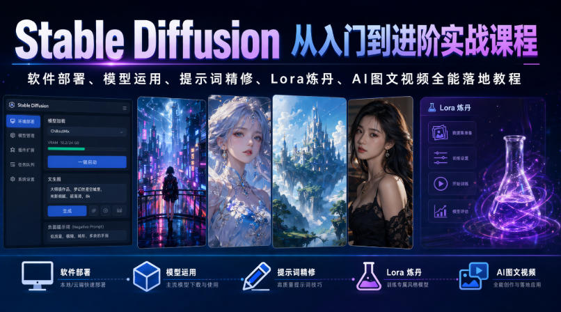 Stable Diffusion从入门到进阶实战课程|软件部署、模型运用、提示词精修、Lora炼丹、AI图文视频全能落地教程-汇课新知资源网