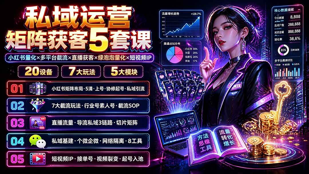 (19617期)私域运营矩阵获客5套课:小红书量化×多平台截流×直播获客×绿泡泡量化×短视频IP×20设备×7大玩法-汇课新知资源网