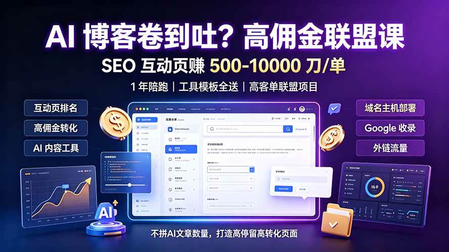 （19390期）AI 博客卷到吐？高佣金联盟课：SEO 互动页赚 500-10000 刀 单，1 年陪跑 + 工具模板全送-汇课新知资源网