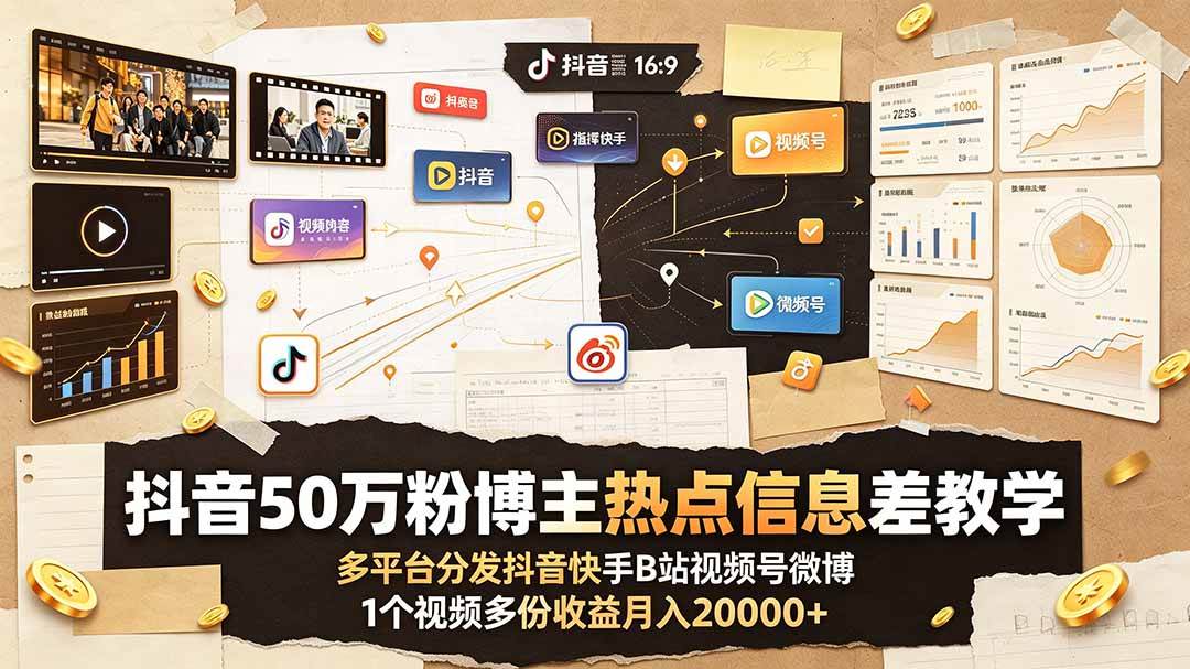 (19145期)抖音50万粉博主热点信息差教学:多平台分发抖音快手B站视频号微博,1个视频多份收益月入20000+-汇课新知资源网