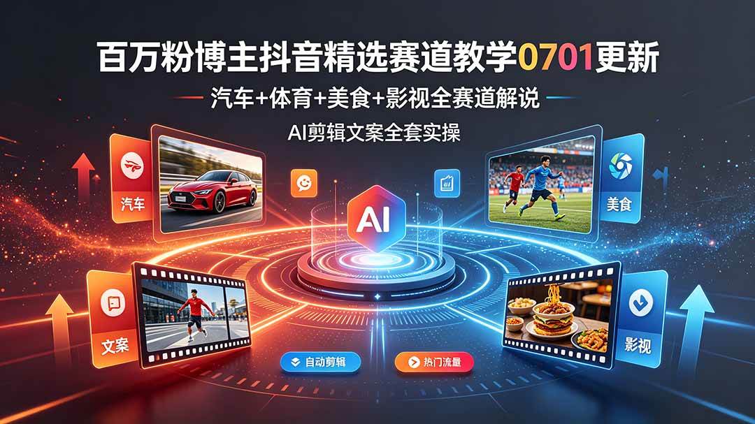 (19144期)百万粉博主抖音精选赛道教学-0701更新,汽车+体育+美食+影视全赛道解说,AI剪辑文案全套实操-汇课新知资源网