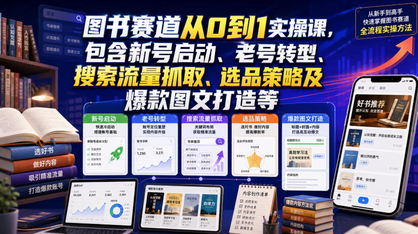 图书赛道从0到1实操课,包含新号启动、老号转型、搜索流量抓取、选品策略及爆款图文打造等-汇课新知资源网