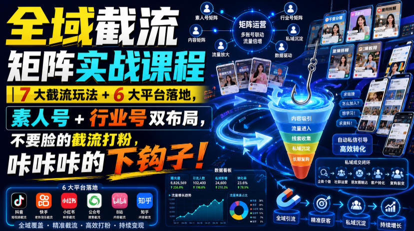 全域截流矩阵实战课程|7大截流玩法+6大平台落地,素人号+行业号双布局,不要脸的截流打粉,咔咔咔的下钩子!-汇课新知资源网