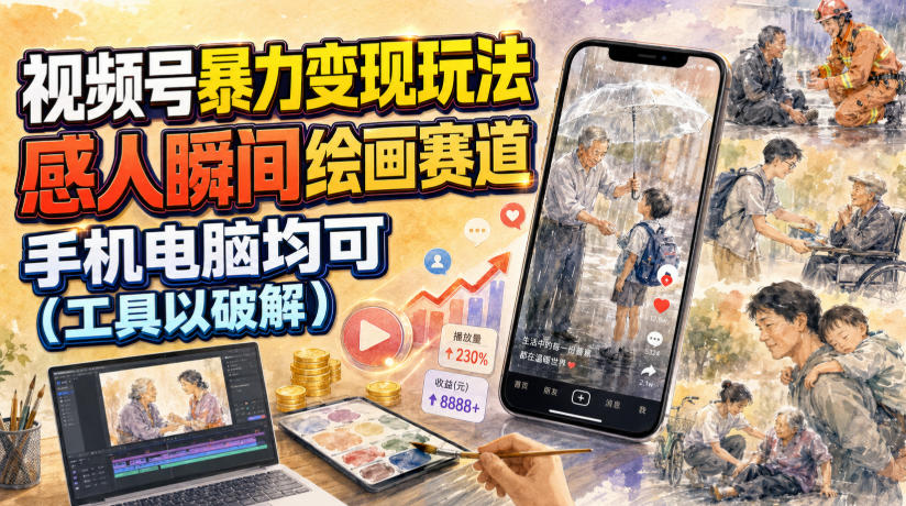 视频号暴力变现玩法，感人瞬间绘画赛道，手机电脑均可-汇课新知资源网