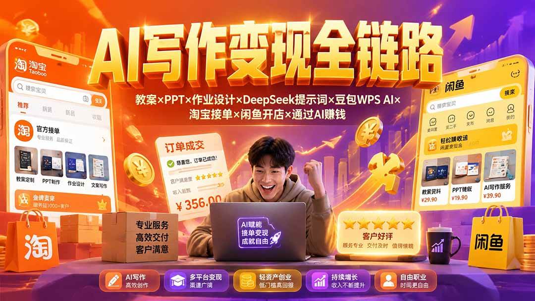 (19561期)2026AI写作变现全链路:教案×PPT×作业设计×DeepSeek提示词×豆包WPS AI×淘宝接单×闲鱼开店×通过AI賺钱-汇课新知资源网